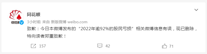 <strong>同花顺微博致歉！2022年逾92%股民亏损信息有误引关注？</strong>