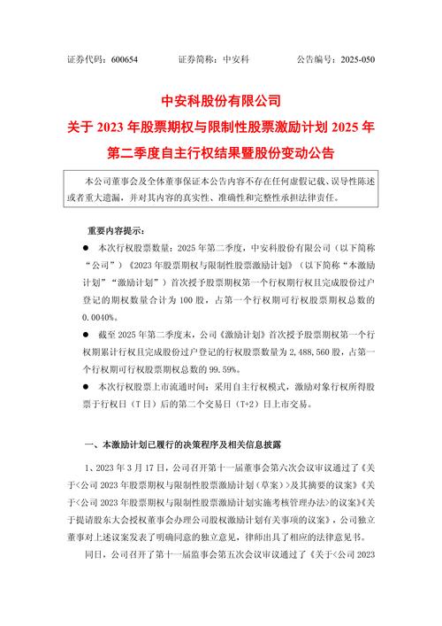 中安科股份有限公司2025年8月15日股票期权第二期行权相关